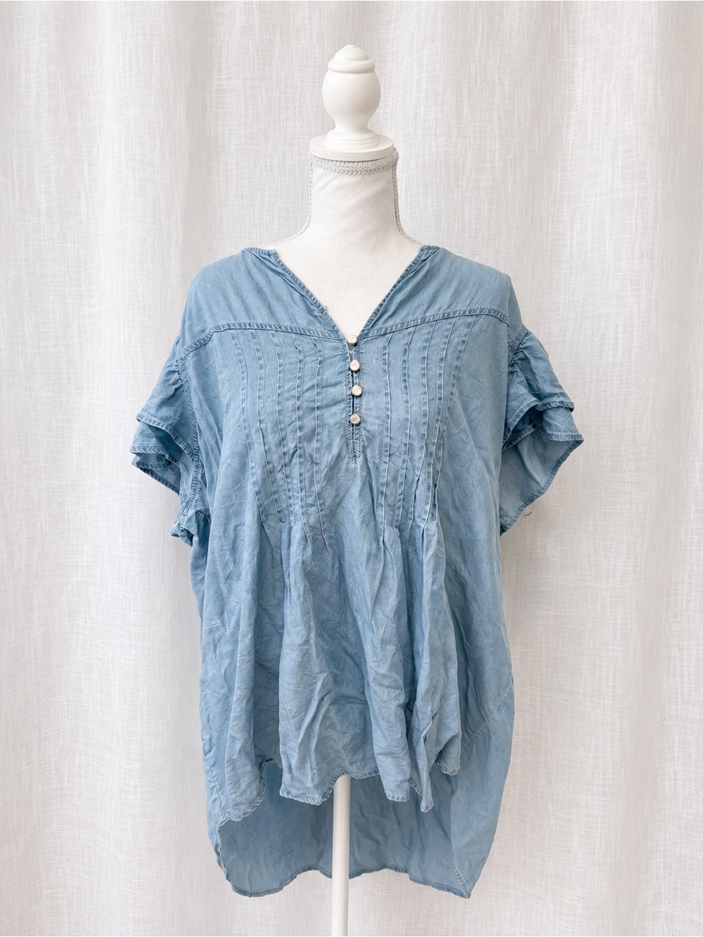 Jane and Delancey Light Blue Pintuck V-Neck Button Tunic